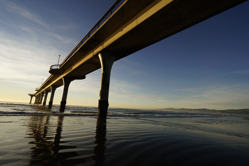 4K, architecture, reflection, low angle view, underneath, built structure, new zealand, new brighton, tranquility, outdoors, tranquil scene, architectural column
