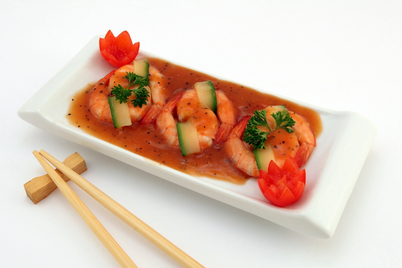 seafood, dinner, broiled, ready-to-eat, slimming, vegetable, cholesterol, gourmet, savory sauce, tray, prawns, macro, fruit, healthy, chinese, crockery