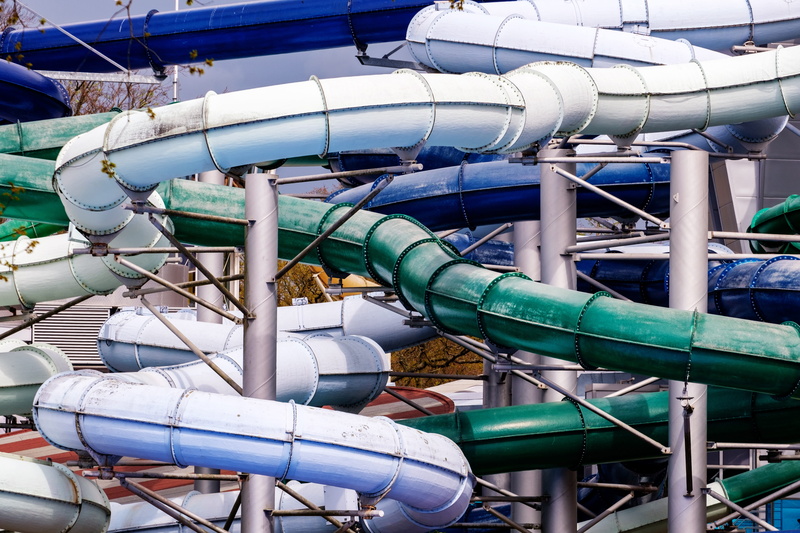day, connection, confused, jumble, outdoors, water slide, built structure, leisure, theme park, fun, industry, blue, mess, slide, 5K, fuel and power generation
