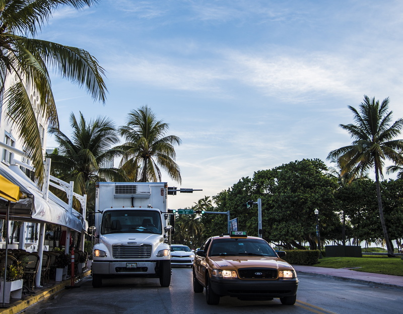 architecture, street, tropical climate, miami beach, nature, cast, motion, road, truck, daytime, white, victoria, miami, palms, beside, cloud - sky, sky