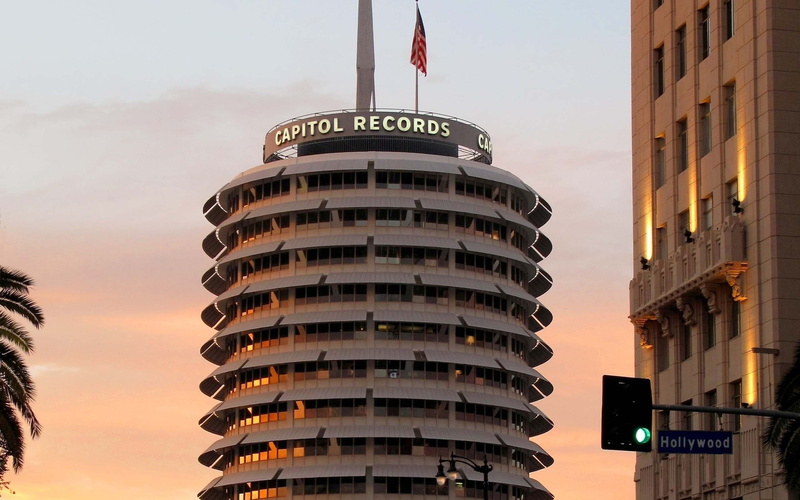 apartment, office building exterior, travel destinations, sky, built structure, sunset, low angle view, nature, travel, office, skyscraper, Capitol records tower