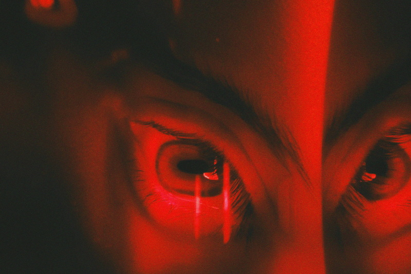led, face, dark, red, indoors, neon, wine, lifestyles, water, human face, light, illuminated, young women, looking, close-up, human body part, person, digital composite
