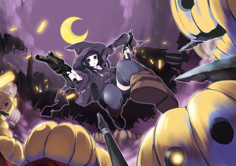 pumpkins, moon, 4K, witch, highs, girls, anime, thigh, weapons, halloween
