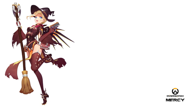 book, pumpkin, thighhighs, 2K, 238646, weapon, elbow, blonde, dress, hair, konachan, hat, eyes, overwatch, gloves, halloween, aqua, mosquito, white, gun