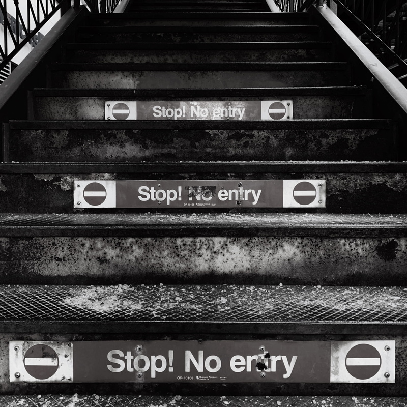 black, no people, railing, indoors, handrail, text, staircase, monochrome, banister, basement, number, built structure, stop, non-western script, day, capital letter