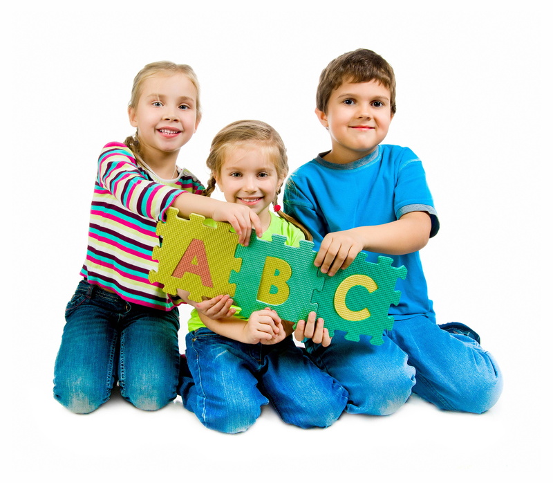 family, Letters, innocence, White background, Puzzles, jeans, Children, English, sister, Alphabet, positive emotion, child, casual clothing, studio shot