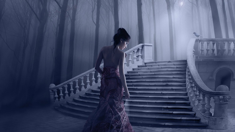 magical, fantasy art, mystical, darkness, mystic, fog, stairs, woman, gothic, dress, lady, black hair, beauty, fantasy woman, 1080P, magic, girl, mist