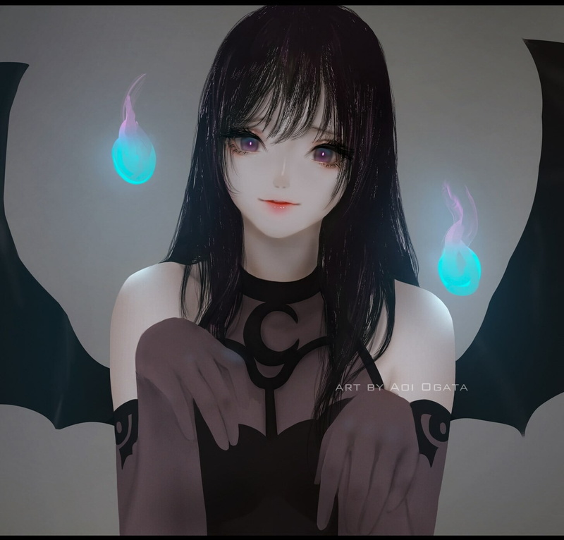 magic, blue flames, simple background, Black clothes, 720P, Aoi Ogata, anime, gray eyes, black hair, black clothing, wings, anime girls