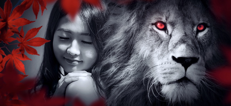 girls, red, animal, view, magical, peaceful, one animal, light, emotion, headshot, mysterious, photomontage, beauty, hair, looking at camera, fantastic