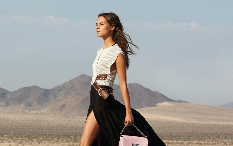 brunette, 1080P, Patrick Demarchelier, Louis Vuitton, Alicia Vikander, photoshoot, landscape, Spirit of Travel, actress, model, brand, handbag, dress
