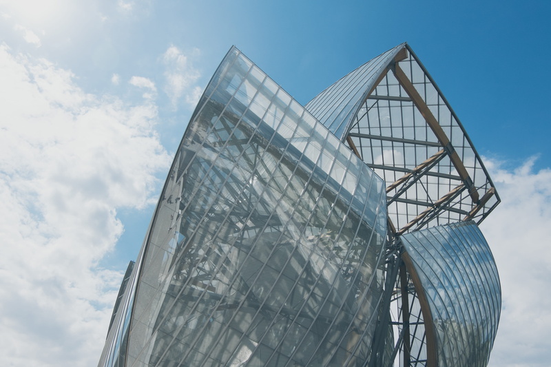 urban, glass, flare, low angle view, paris, blue, city, opera house, day, nature, cloud - sky, fondation, white, curtain, window, louis, dome, modern, sky