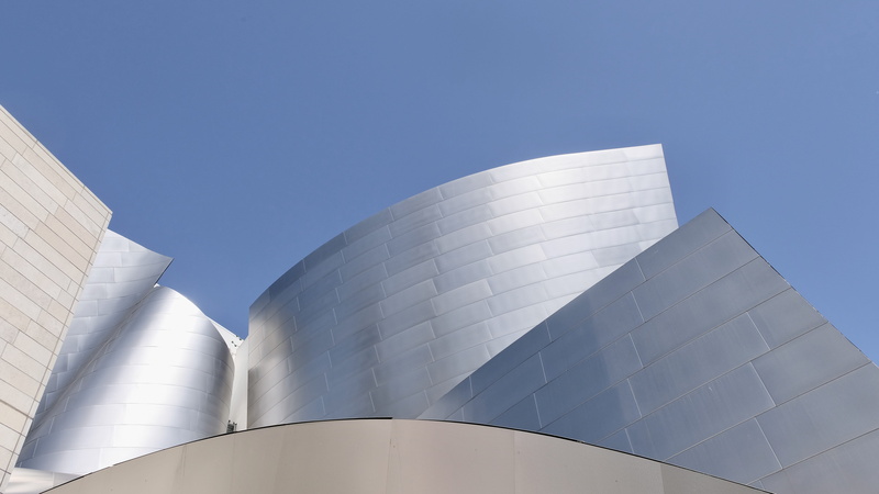 city, modern architecture, walt disney, la, sunny, clear sky, building exterior, sky, day, blue, building, silver colored, copy space, downtown los angeles