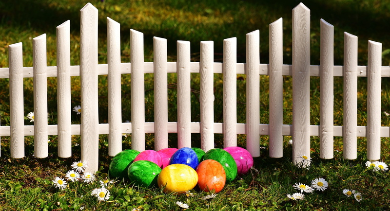 wooden, colored egg, easter, no people, multi colored, happy easter, picket fence, gate, plant, white, spring, day, field, assorted, easter decor, easter greeting