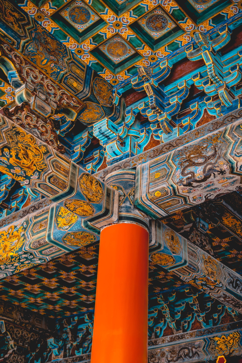 outdoors, orange, place of worship, low angle view, no people, temple, day, creativity, 5K, belief, architecture, building exterior, colors, worship, paisley