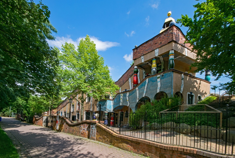 hundertwasser house, tree, frankfurt, building, heddernheim, footpath, plant, 5K, residential district, kindergarten, city, nature, art, blue, built structure