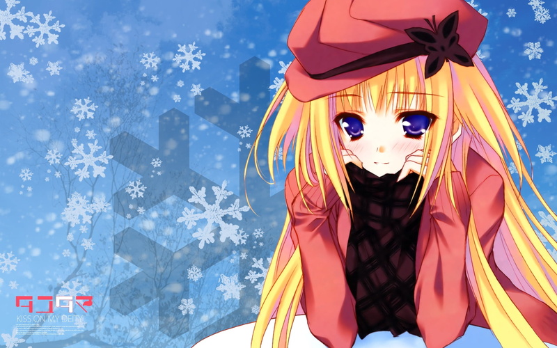 waist up, deity, innocence, clothing, kiss, one person, portrait, cap, celebration, moekibara fumitake, art and craft, representation, blond, winter, snow
