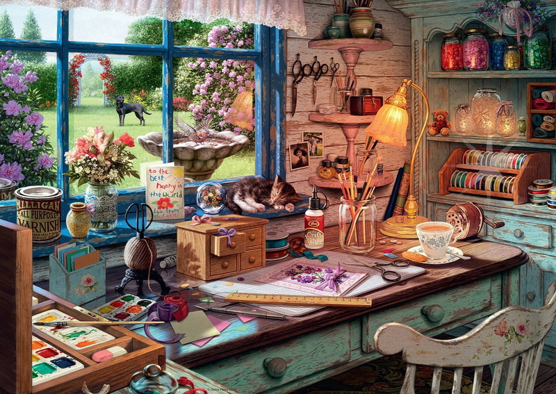 messy, retro, art and craft, glass, flower, domestic animals, animal themes, indoors, canine, hobby, 1080P, chair, no people, vintage, mammal, art, furniture