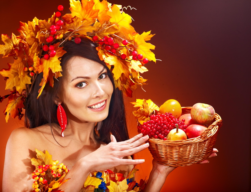 orange, leaves, fruit, basket, autumn, fruits, 5K, fashion, woman, lady