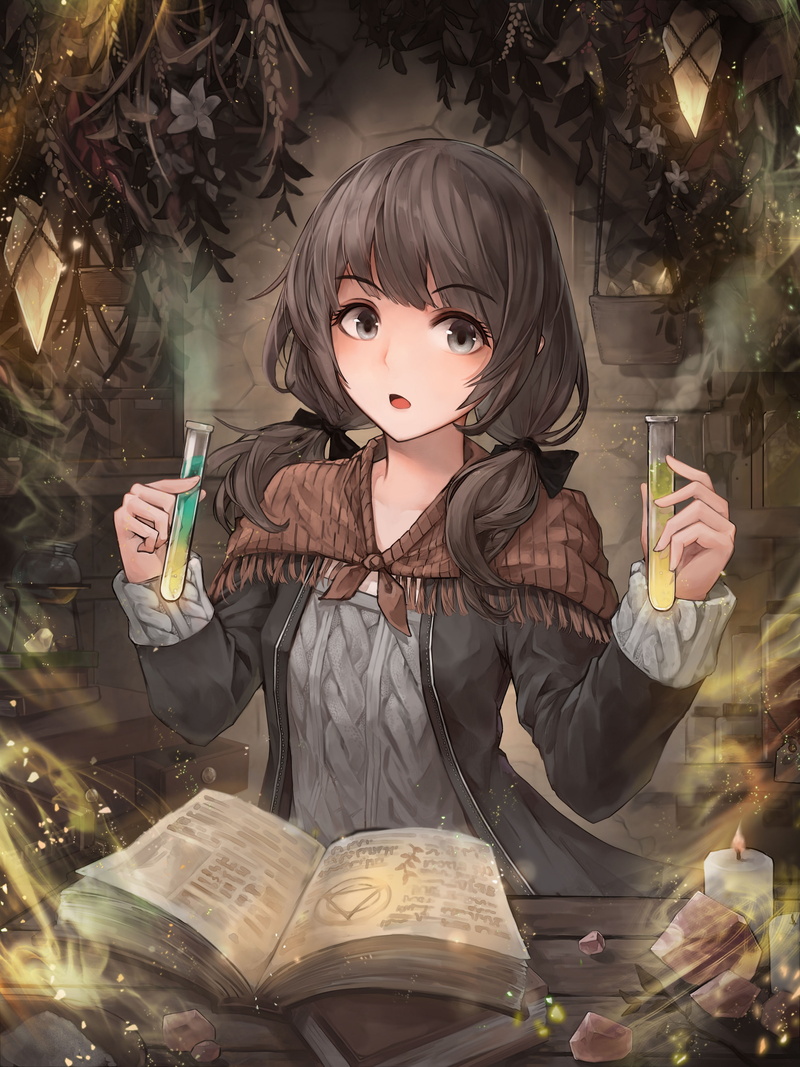 refreshment, drinking, celebration, anime girl, book, front view, holding, portrait, brown hair, magic, Anime, looking at camera, glass, waist up, indoors