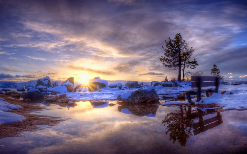beautiful, sunset, snow, 1080P, landscape, background, view, stones, sunny spells