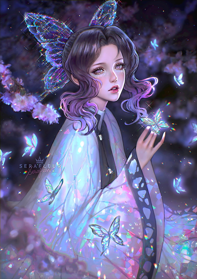 drawing, dress, glitter, spell, Abigail Diaz, women, butterflies, Kimetsu no Yaiba, magic, 720P, wavy hair, Kochou Shinobu