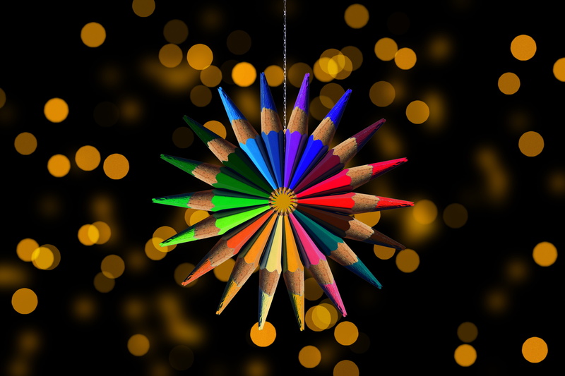 bokeh, abstract, indoors, art and craft, multi colored, star, colored pencil, shape, writing instrument, geometric shape, pattern, colored, choice