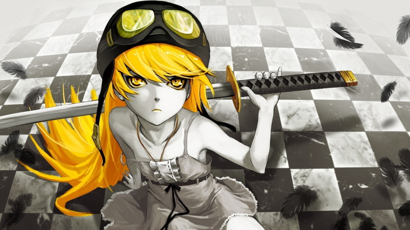 long hair, Monogatari Series, sitting, As109, 2K, Oshino Shinobu, katana, anime girls, yellow eyes, selective coloring, feathers