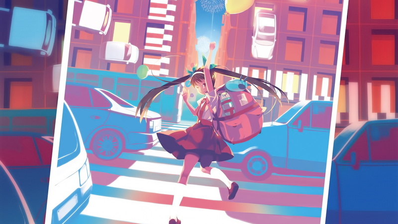 anime, Hachikuji Mayoi, looking back, colorful, 1080P, urban photo, Monogatari Series, anime girls