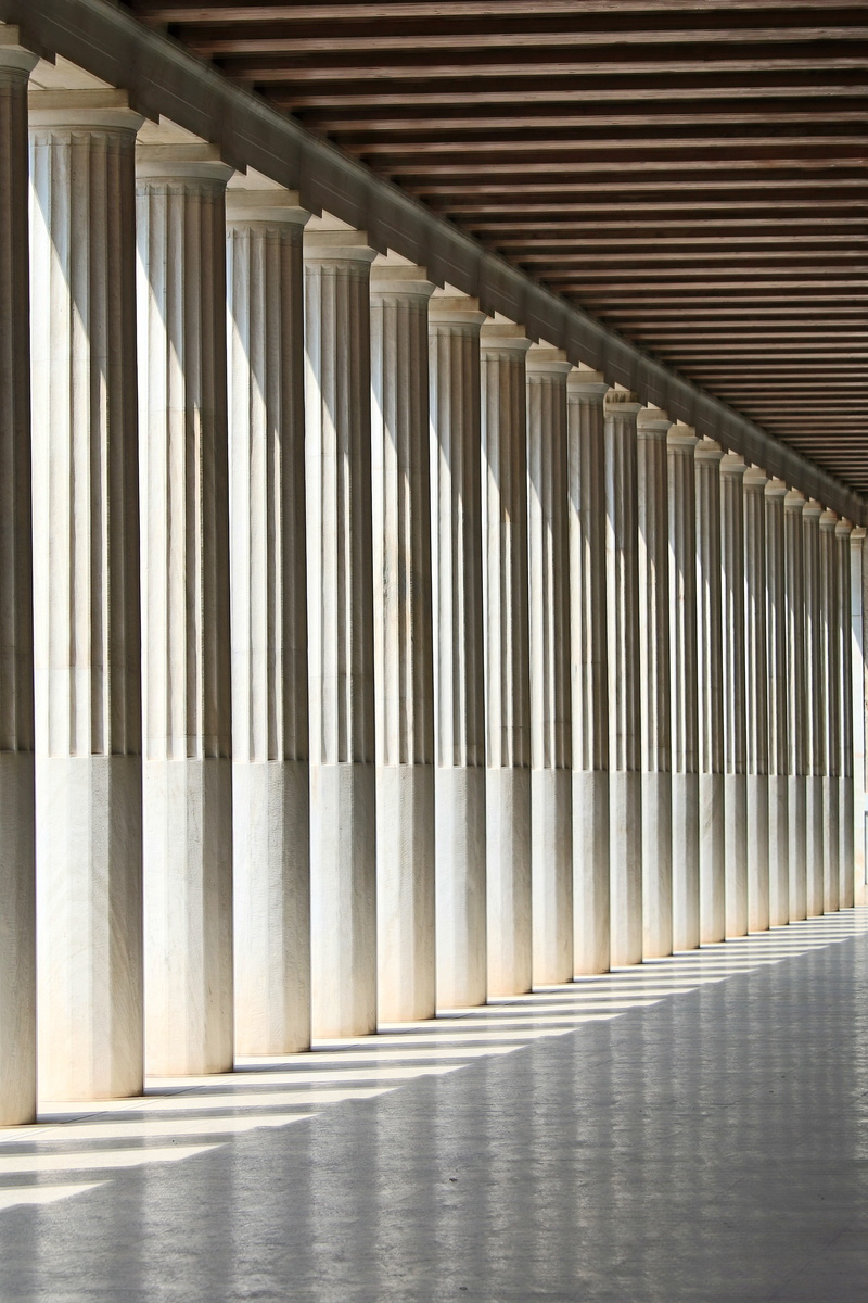 architecture, in a row, music, pattern, hallway, white, arts culture and entertainment, day, 5K, empty, pillars, musical instrument, no people, retro styled