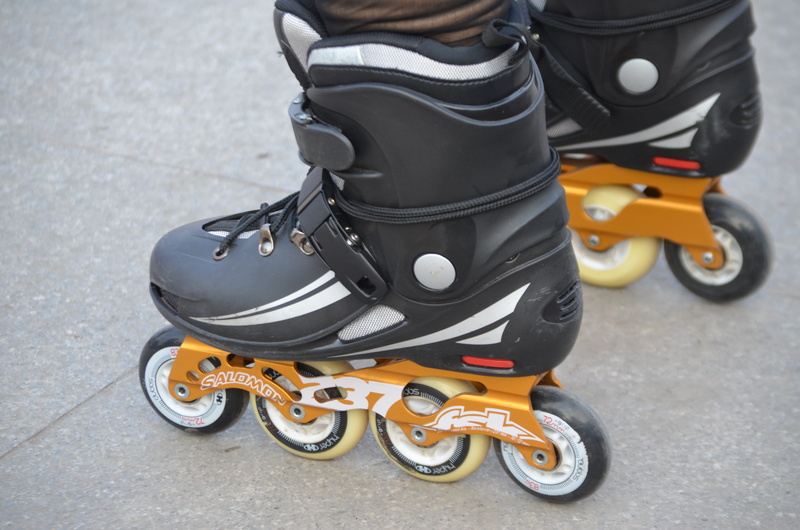 low section, street, sport, Rollerblade, 4K, inline, riding, transportation, one person, shoe, close-up, orange, city, equipment, Boots, childhood, land vehicle