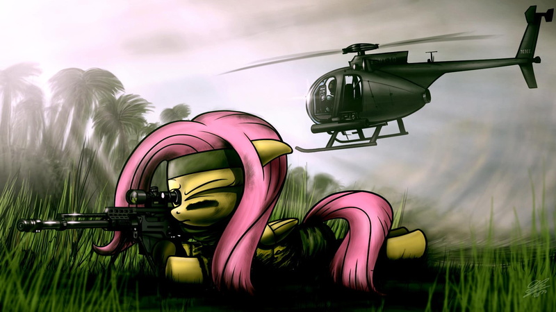 helicopter, cartoon/comic, soldier, sniper, fluttershy, 1080P, hd, my, pony, little