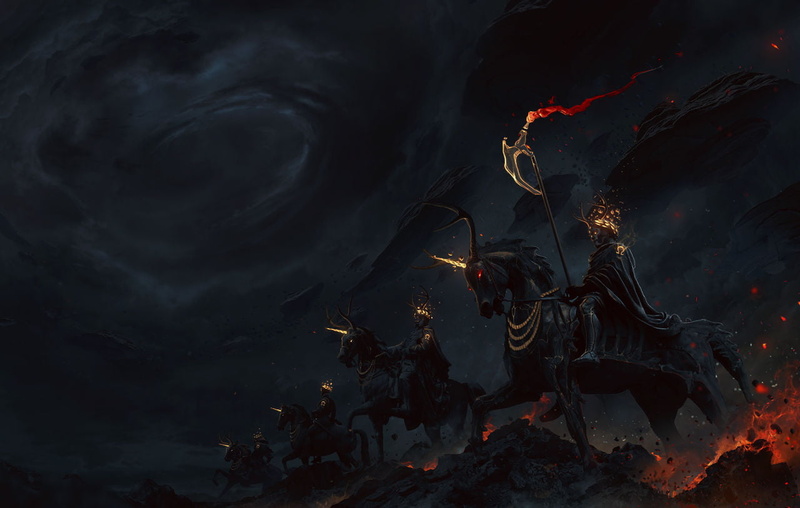 Photoshop, rocks, fire, night, 720P, photo manipulation, men, horseman, Axe, glowing, dark, digital art, horns, horsemen of the Apocalypse