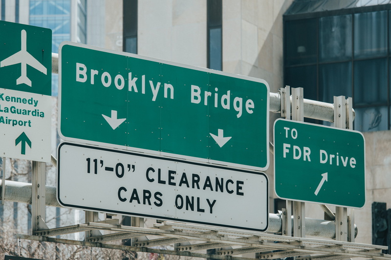 intersection, brooklyn, arrow symbol, electronics, information sign, road, recycling symbol, cable, power lines, no people, road sign, city, architecture