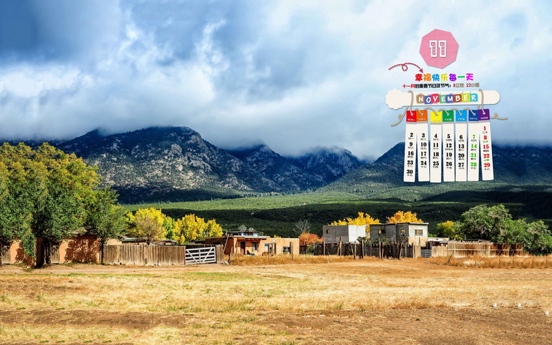 field, architecture, calendar, 1080P, landscape, sky, day, mountain range, grass, tree, building, november, cloud - sky, land, mountain, scenics - nature
