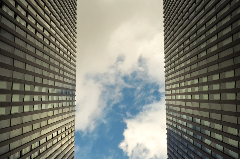 eye, no people, nature, cityscape, built structure, windows, high, sky, glass - material, clouds, steel, tall - high, cloudy, directly below, office building exterior