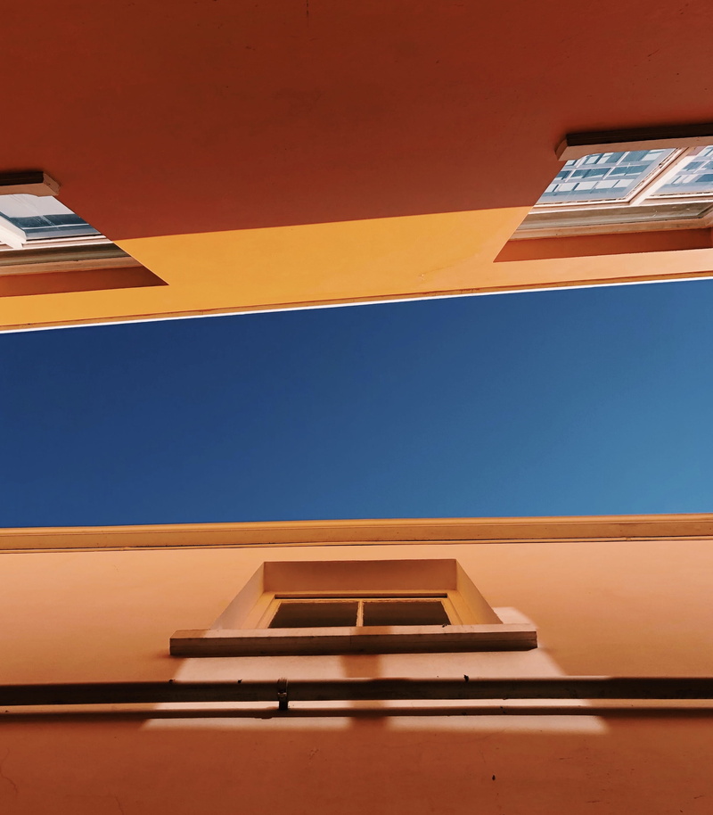full frame, outdoors, directly below, wood - material, blue, pattern, daytime, buildings, photography, concrete, sky, no people, building exterior, window