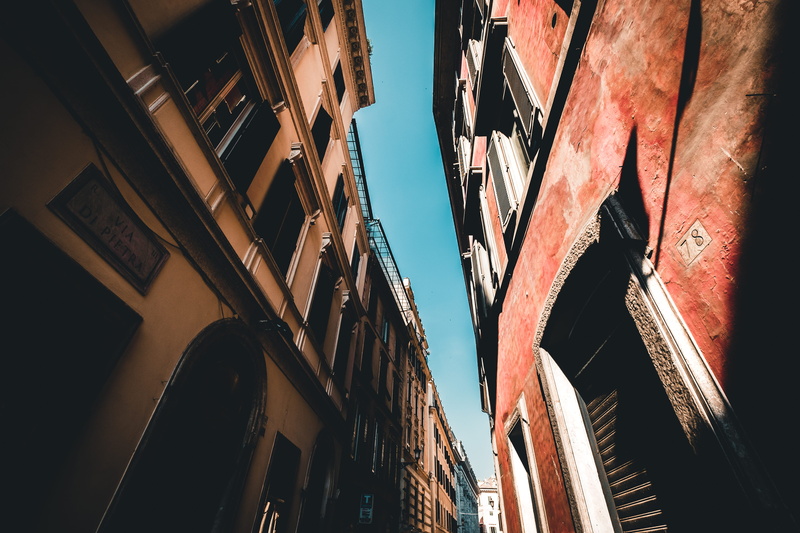 photography, roman, concrete, low angle view, architecture, italy, blue, clear sky, two, 4K, no people, history, residential district, town, building