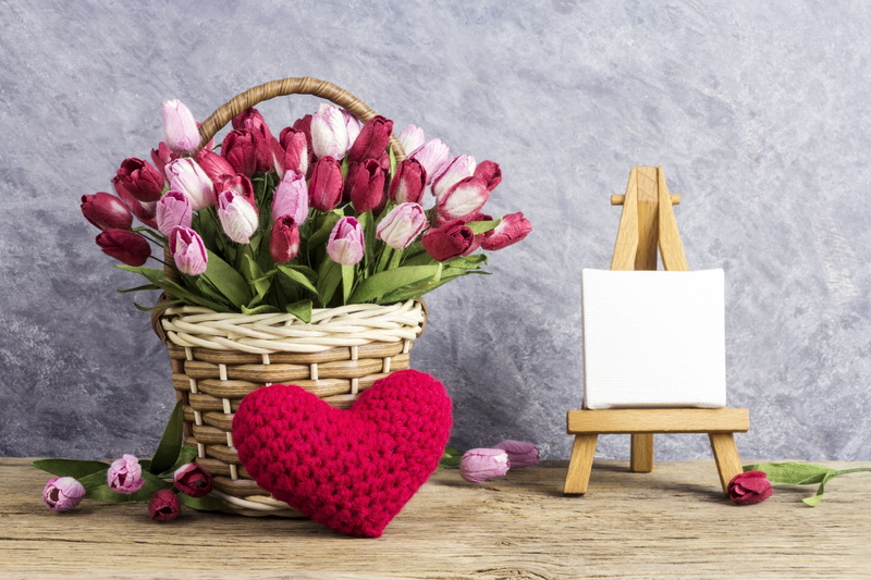 romantic, love, pink, beautiful, 5K, heart, tulips, flowers, wood, vintage, basket