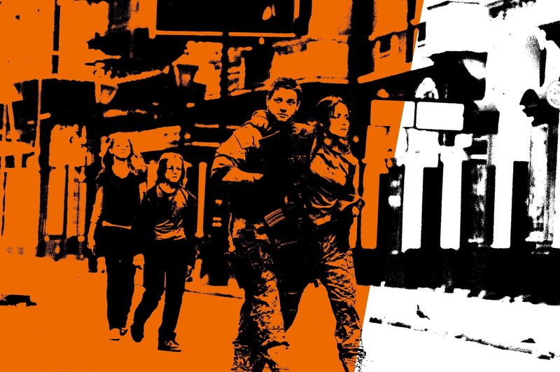 clothing, full length, people, orange color, standing, indoors, silhouette, shadow, architecture, movies photo manipulation 28 weeks later imogen poots jeremy renner
