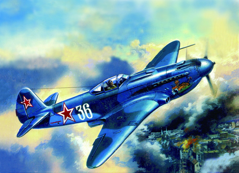 fighter, building, figure, the sky, the plane, fire, Soviet, blue, smoke, war, monoplane, the city, 2K, LAGG-3