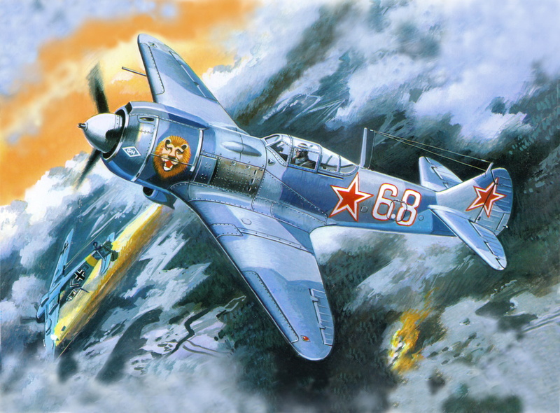 fighters, WWII, La 5FN, dogfight, earth, fire, figure, German, Soviet, aircraft, МессершмитBf - 109, 5K, smoke, art, the sky