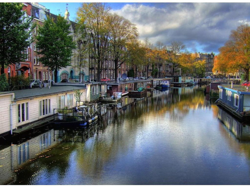 nature, beautiful, hd, later, lakes, peaceful, houses, boats, art, 480P, water, Amsterdam