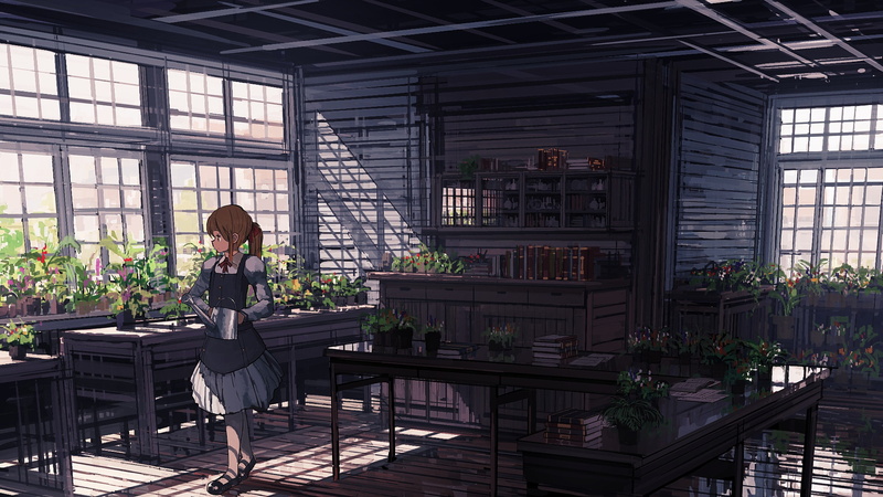 2K, indoors, bangs, anime girls, ponytail, plants, original characters, dress, brunette, ribbon, hair ornament, long hair, books