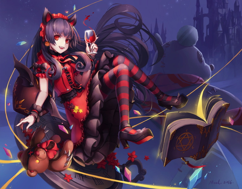 anime girls, long hair, purple hair, dress, ribbons, anime, books, flowers, headdress, wine, 720P, red eyes, animal ears