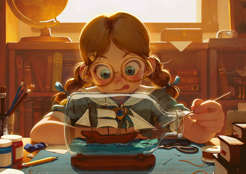 ribbons, scissors, work bench, glasses, globe, Casket, thread, digital art, green eyes, window, books, tongue out, bottles, brunette, children, paint brushes