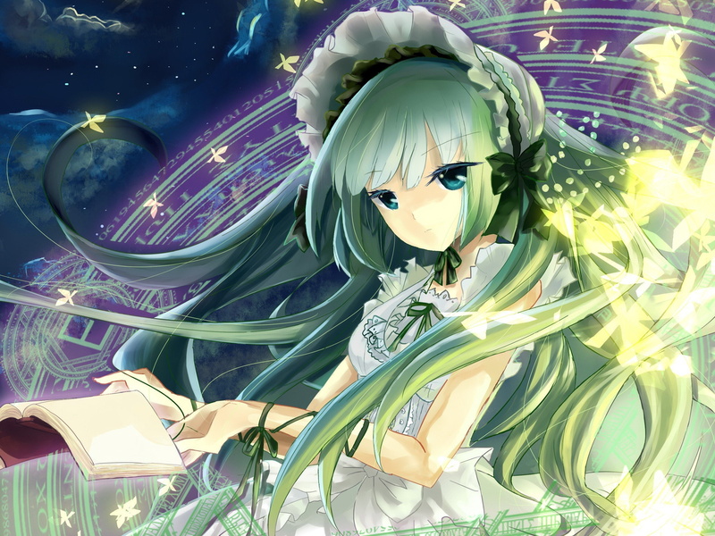 koro, girls, claire, hats, umineko, long, bernardus, books, visual, dress, eyes, butterflies, magic, bows, games, novels, green, hair, naku, anime, circles