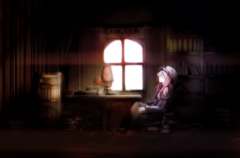dark, long, bracelets, room, games, hd, 1080P, Touhou, moons, INDOORS, art, ribbons, hair, Dress, pink, video, moon, space, books, Video Games, library