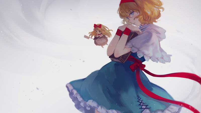 holding, alice margatroid, blonde, Anime, three quarter length, leisure activity, nature, dress, adult, ribbon, lifestyles, warm clothing, hairstyle, book