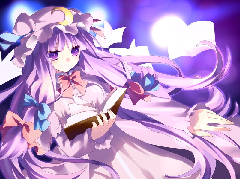 long, book, patchouli, knowledge, 720P, eyes, ribbons, purple, hat, hair, touhou, dress