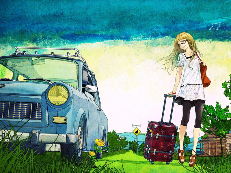 blond hair, hairstyle, transportation, 720P, mode of transportation, original characters, women, casual clothing, Trabant, car, lifestyles, front view